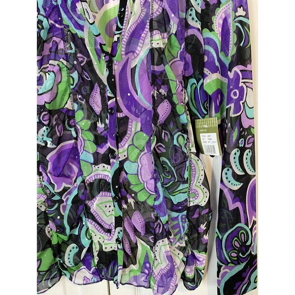 Erin London Small Sheer Abstract Print Top Purple Green Mod Retro Artsy